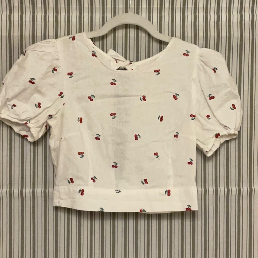 Linen Blend Cherry Embroidered Puff Sleeve Crop Top